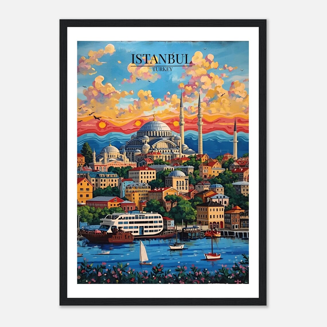 Istanbul Turkey Sunset Harbor City Skyline Vintage Travel Poster