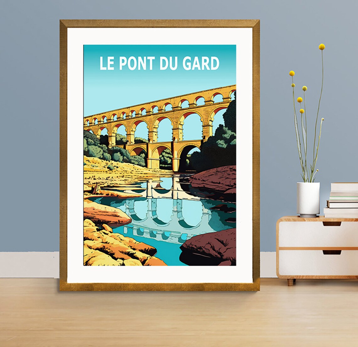 Le Pont Du Gard Roman Aqueduct River Reflection Vintage France Poster - Image 3
