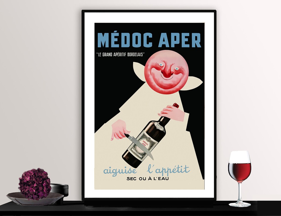 Medoc Aper French Vintage Wine Poster Jester Bordeaux Aperitif Art