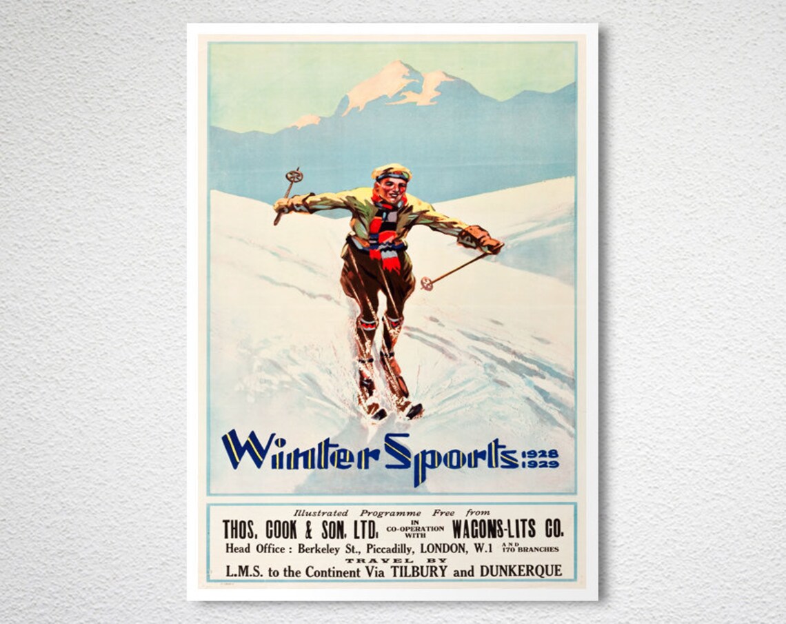 Thos Cook Winter Sports 1928 Vintage Skier Alps Travel Poster - Image 2