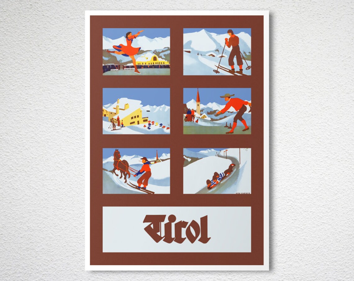 Tirol Austria Vintage Winter Sports Poster Ski Skate Sled Scenes Art - Image 2