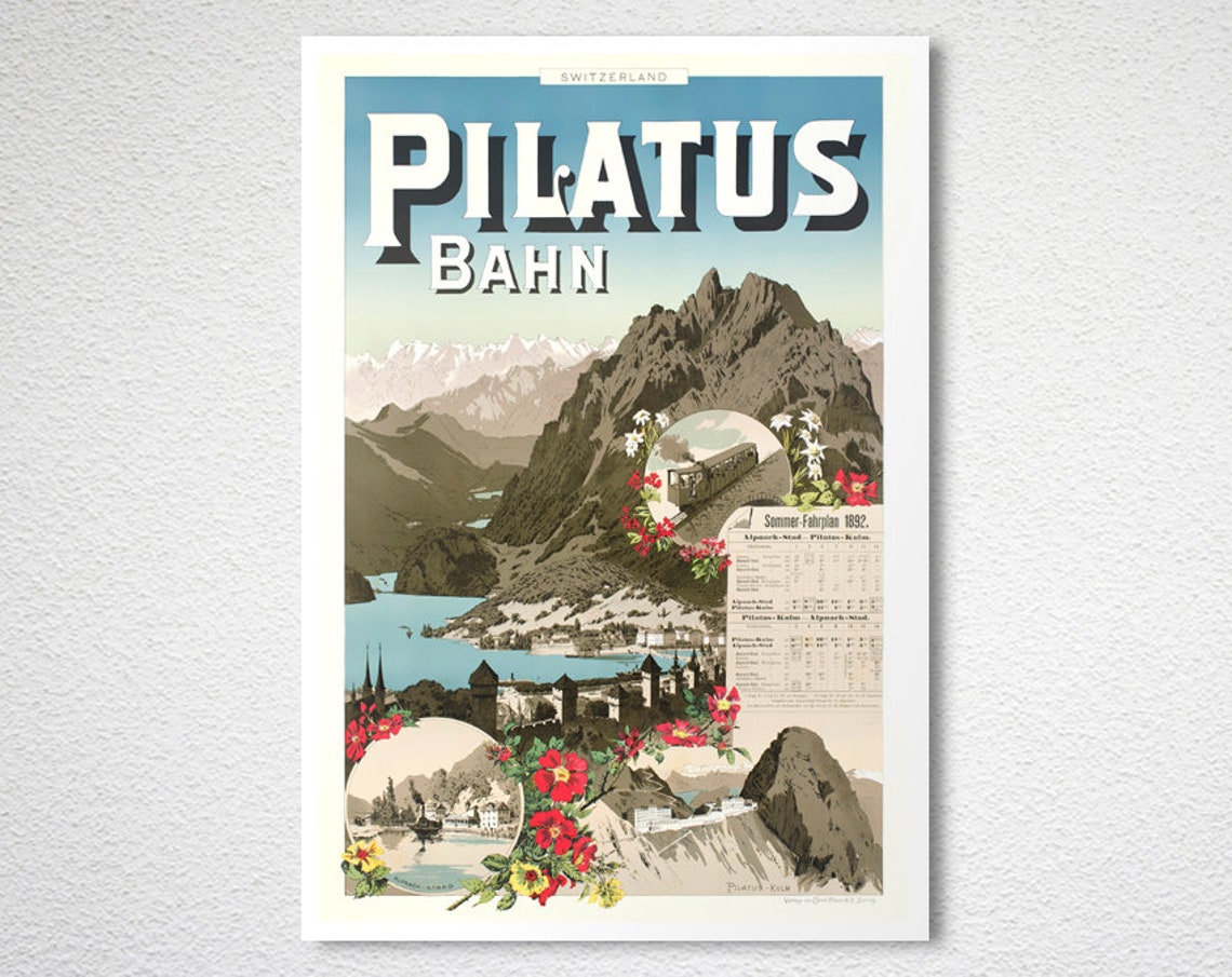 Pilatus Bahn Switzerland Mountain Railway Lake Timetable Poster - Image 2