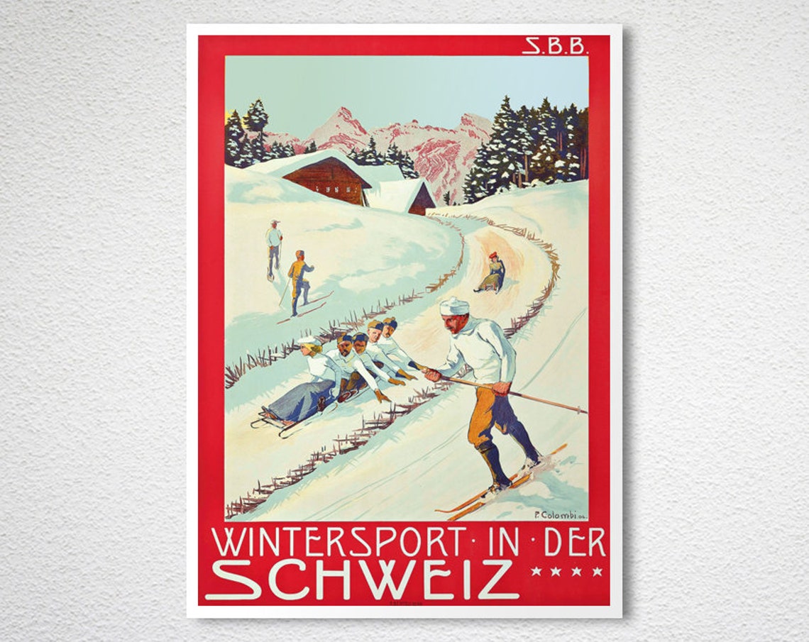 Wintersport in der Schweiz SBB Skiing Sledding Vintage Poster - Image 2