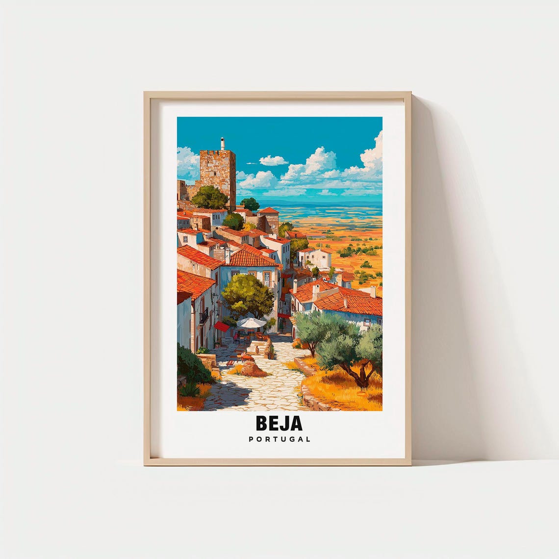 Beja Portugal Hilltop Castle Tower Old Town Red Rooftops Travel Poster