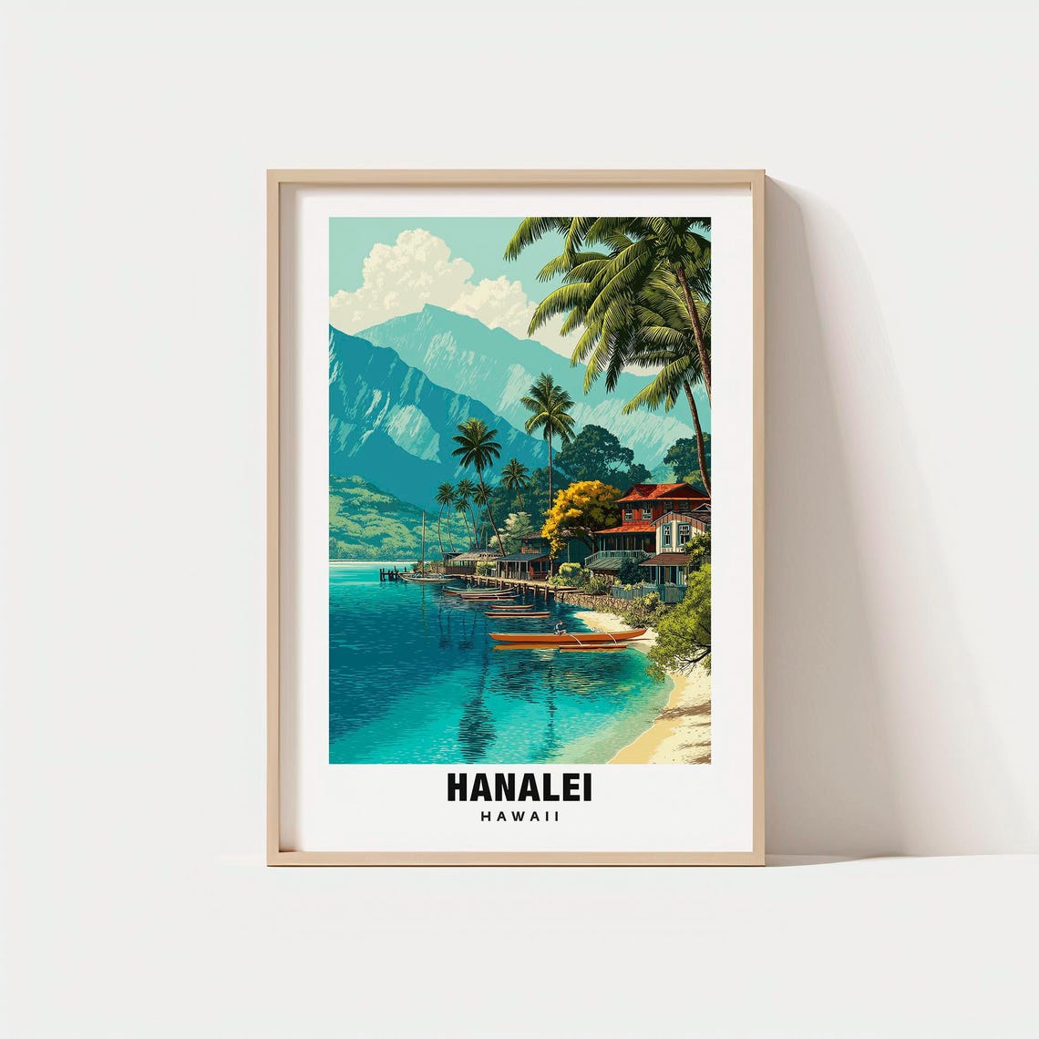 Hanalei Hawaii Bay Canoes Palm Trees Mountain Coastline Poster