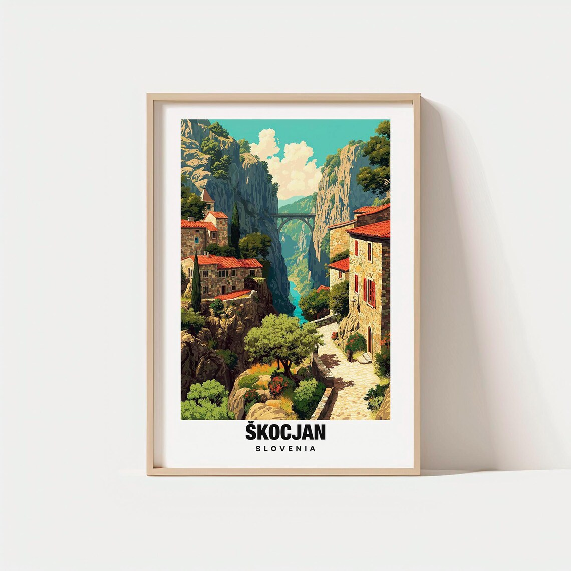 Skocjan Slovenia Karst Canyon Village Gorge Bridge Vintage Poster