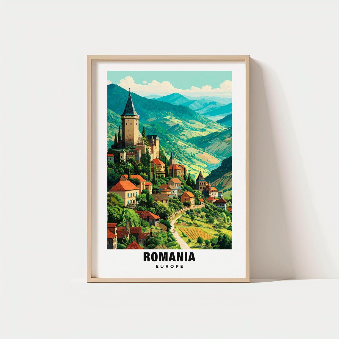 Romania Europe Transylvanian Village Church Tower Mountain Poster