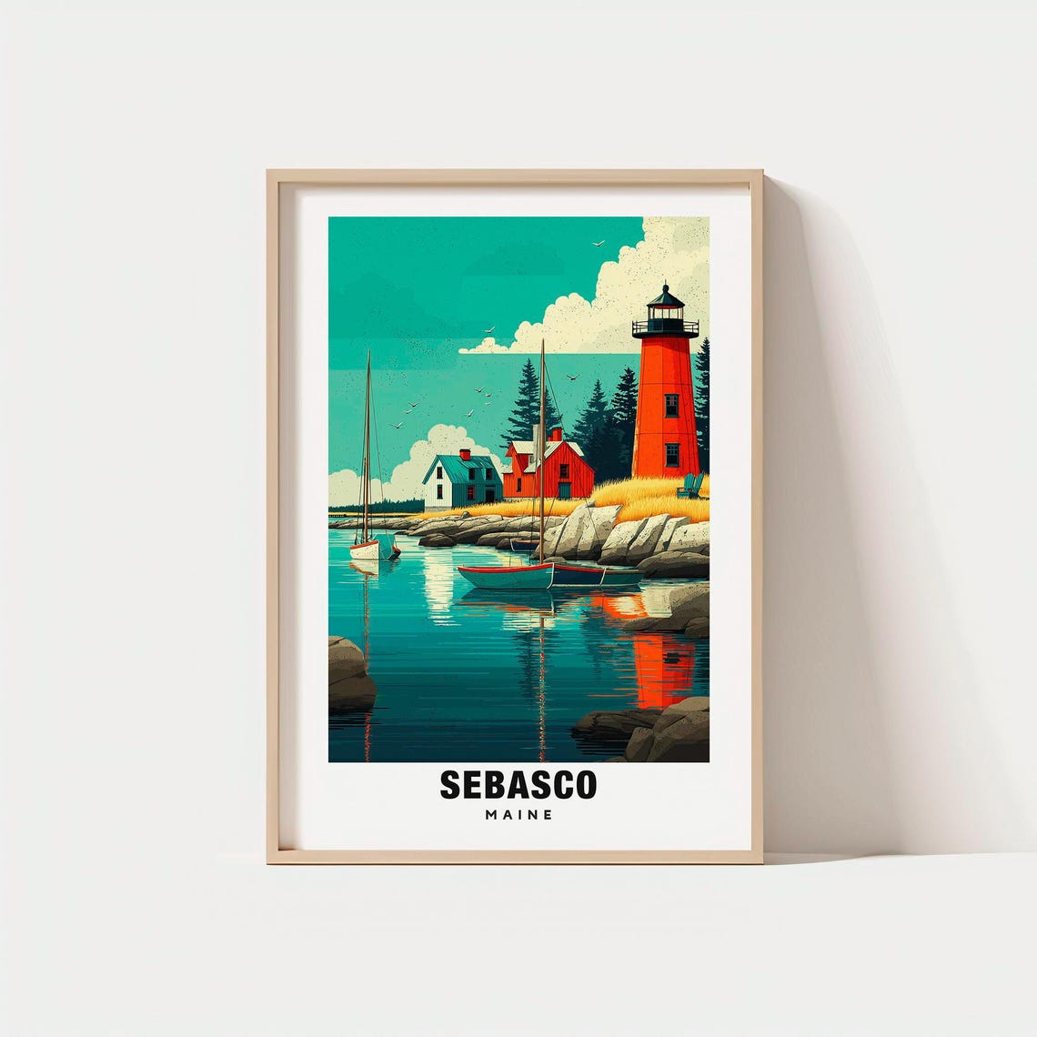 Sebasco Maine Red Lighthouse Rocky Shore Sailboat Harbor Travel Poster