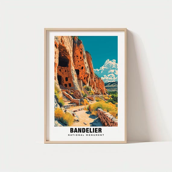 Bandelier National Monument Print New Mexico Poster Scenic Views Travel Art Ancient Cliff Dwellings Desert Beauty Hiking Trails