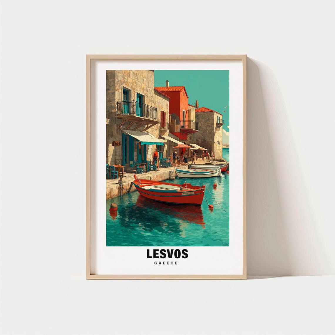 Lesvos Greece Island Harbor Red Boats Aegean Waterfront Poster
