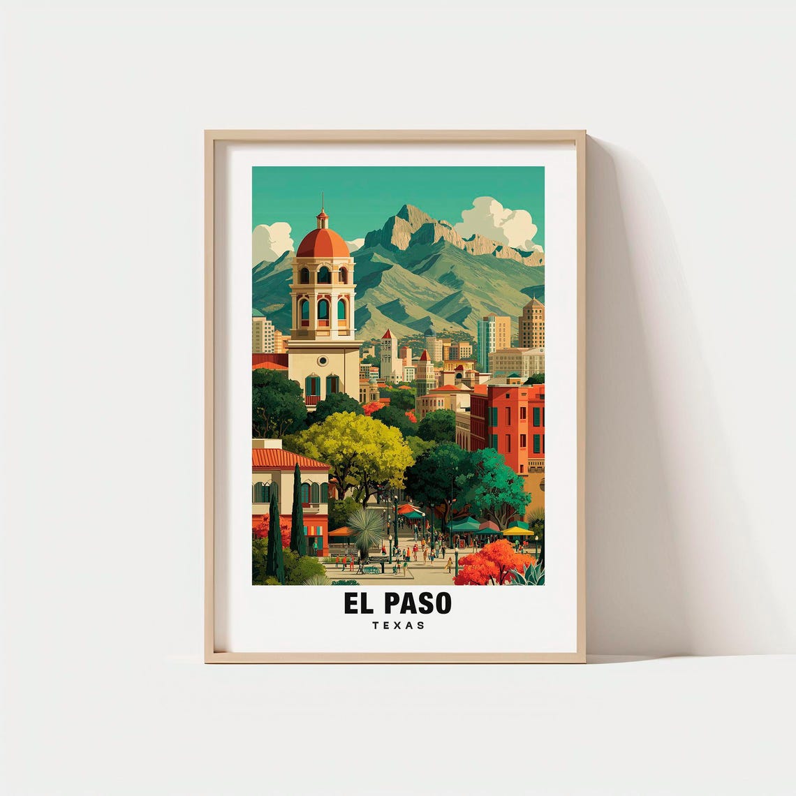 El Paso Texas Bell Tower Mountain Backdrop Plaza Scene Poster