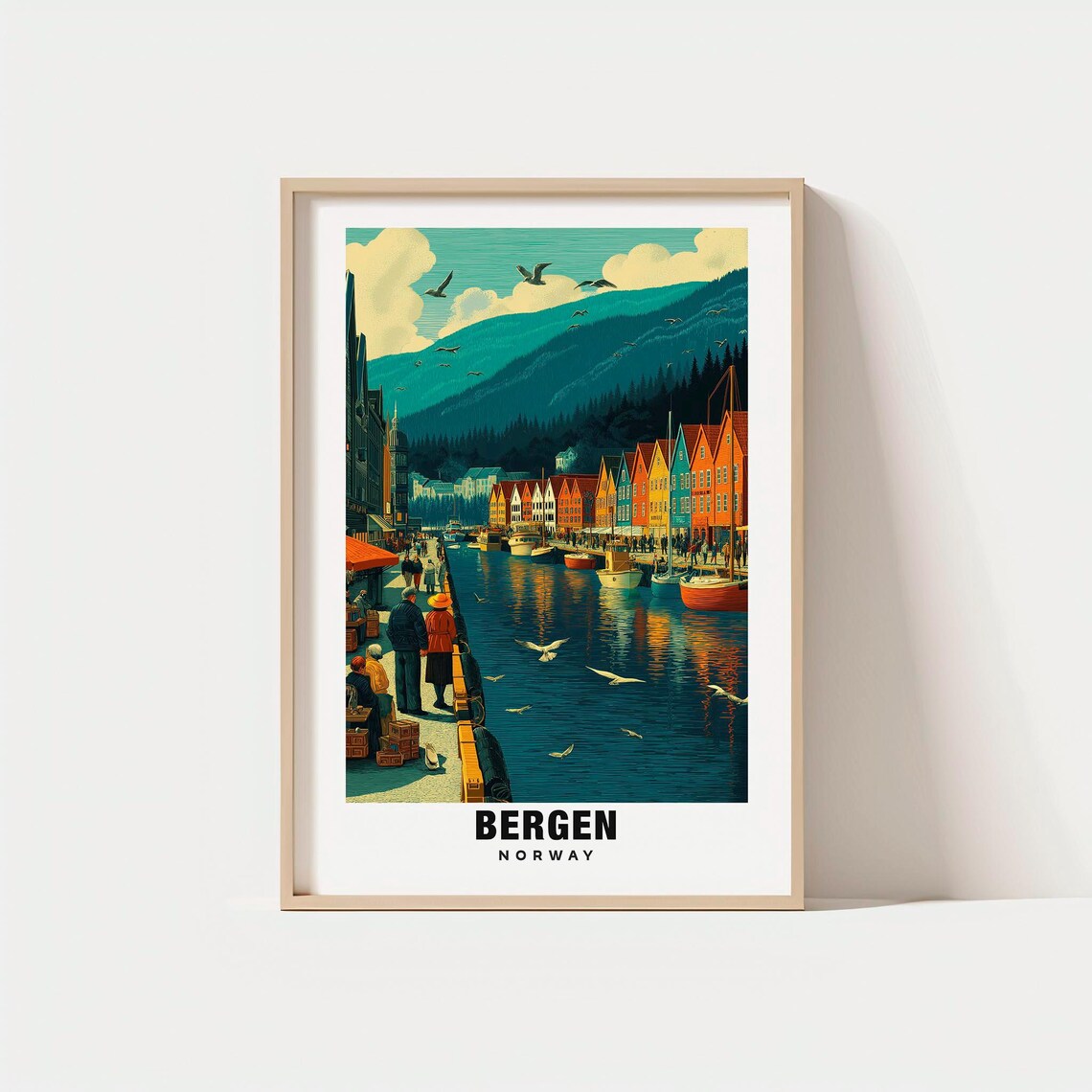 Bergen Norway Bryggen Wharf Colorful Houses Harbor View Travel Poster