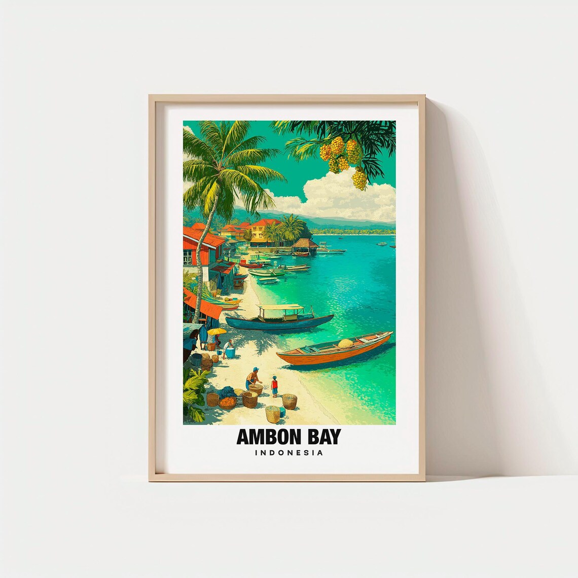 Ambon Bay Indonesia Tropical Beach Boats Retro Vintage Travel Poster