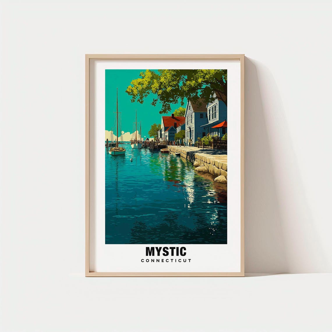 Mystic Connecticut Harbor Sailboats Historic Seaport Scene Poster