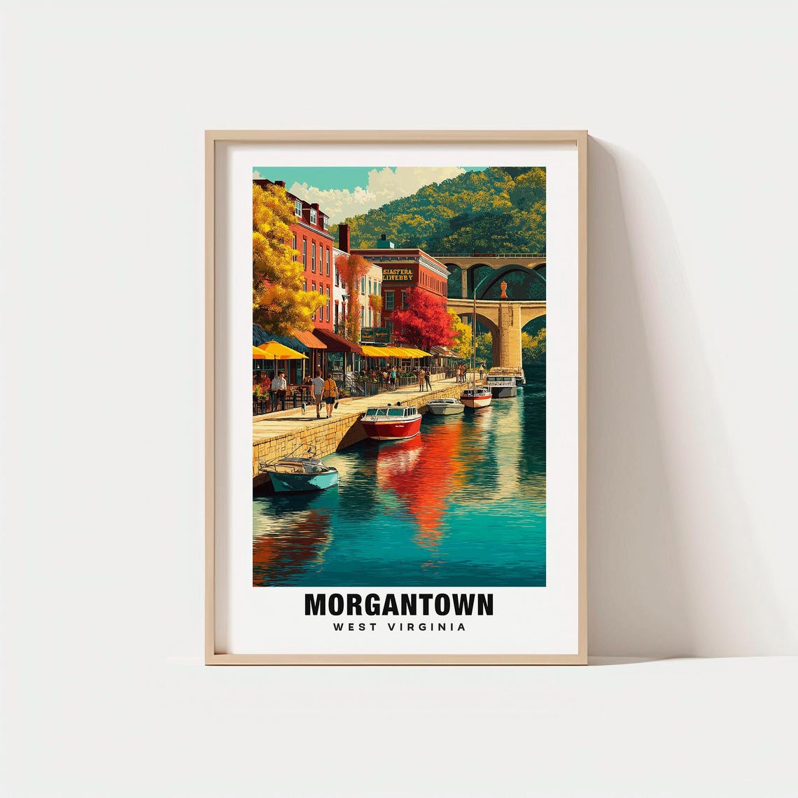 Morgantown West Virginia Waterfront Autumn River Vintage Poster