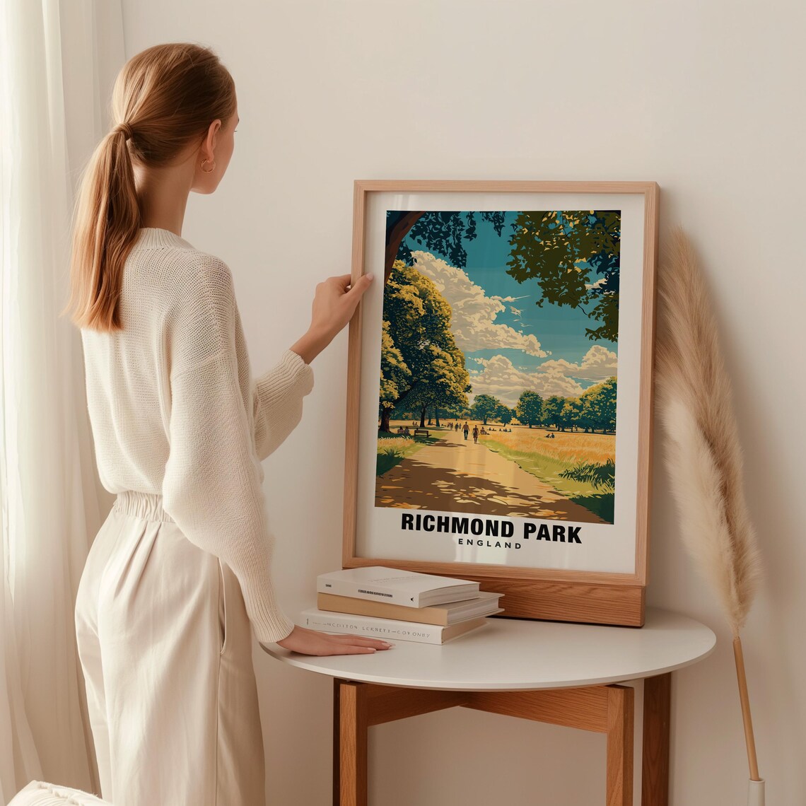 Richmond Park London Sunlit Woodland Path with Grazing Deer Poster - Image 2