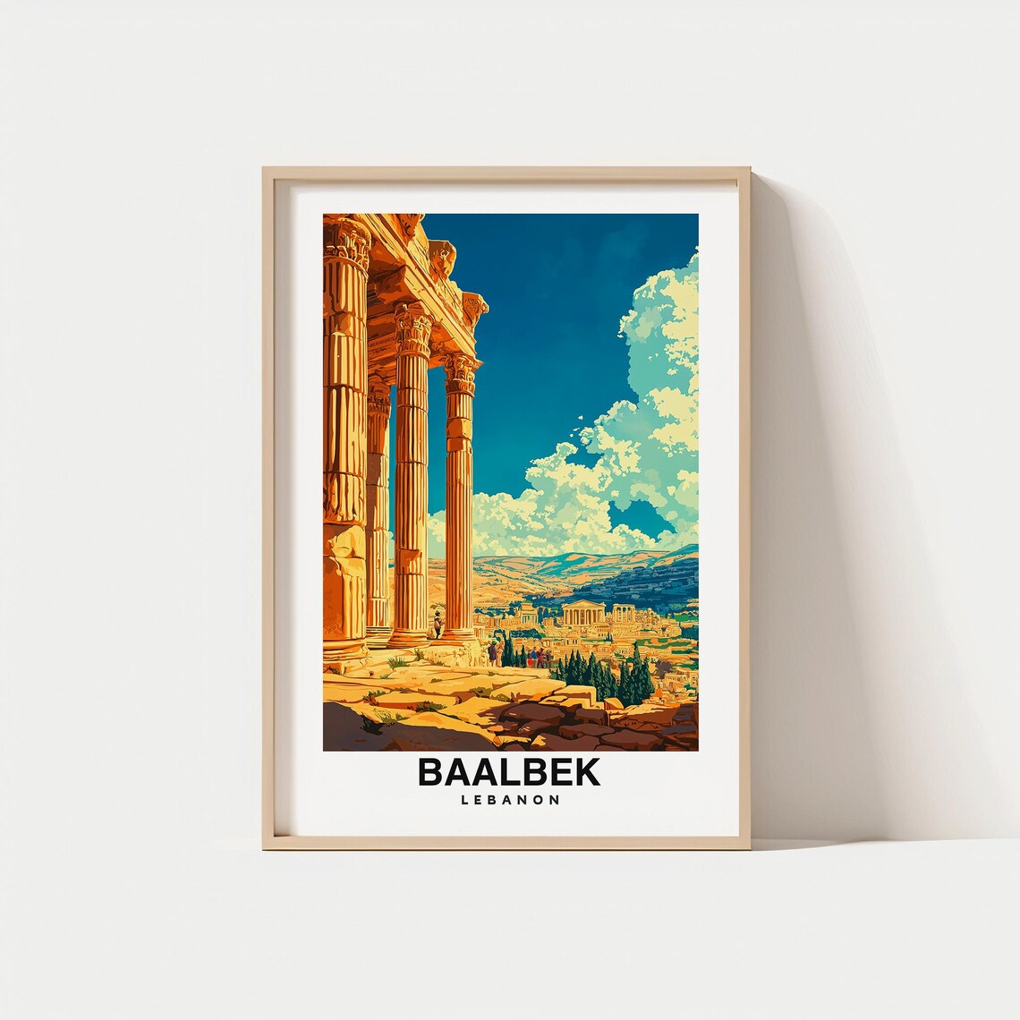 Baalbek Print Travel Poster Lebanese Art Roman Ruins Ancient Temple Scenic Views Historic Landmark Cultural Heritage Mountain Charm