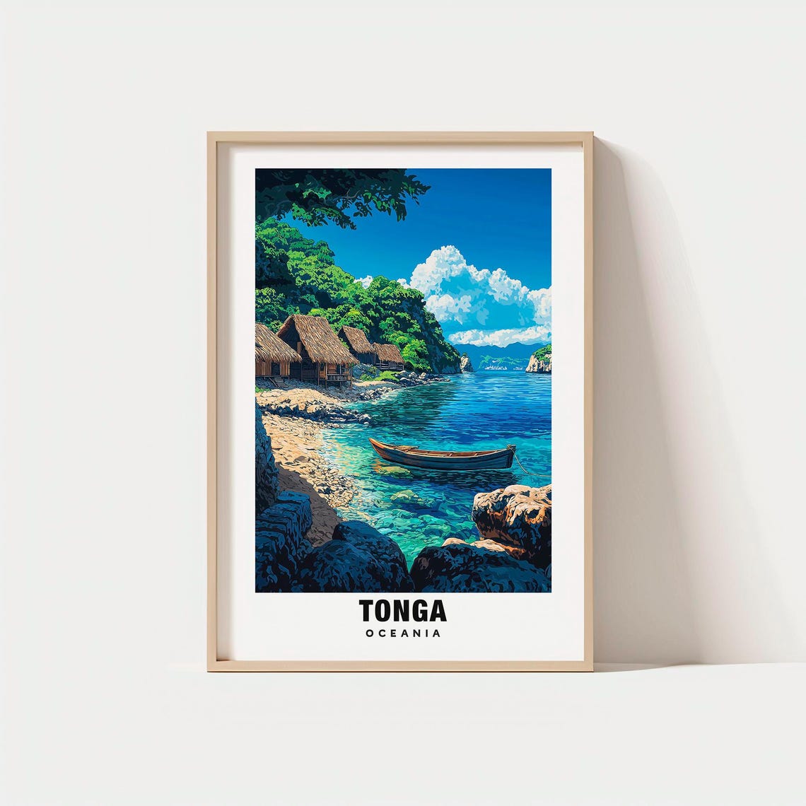 Tonga Oceania Thatched Huts Rocky Cove Wooden Boat Travel Poster