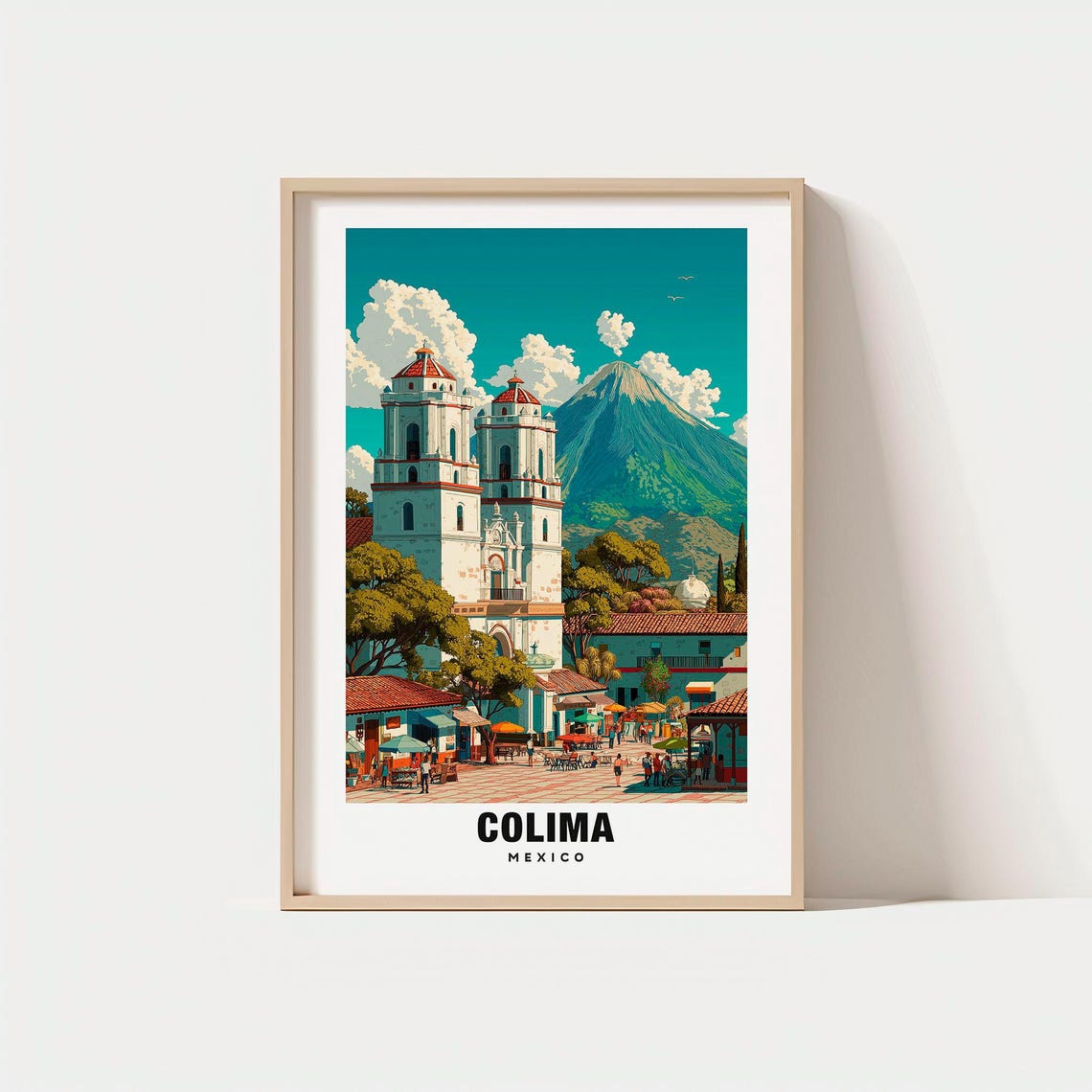 Colima Mexico Cathedral Volcano Plaza Historic City Travel Poster