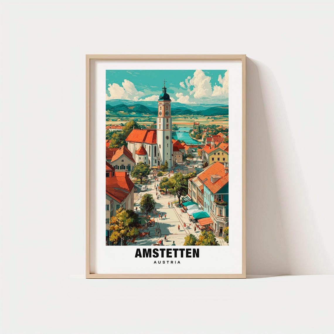 Amstetten Austria Church Tower Town Square Retro Travel Poster