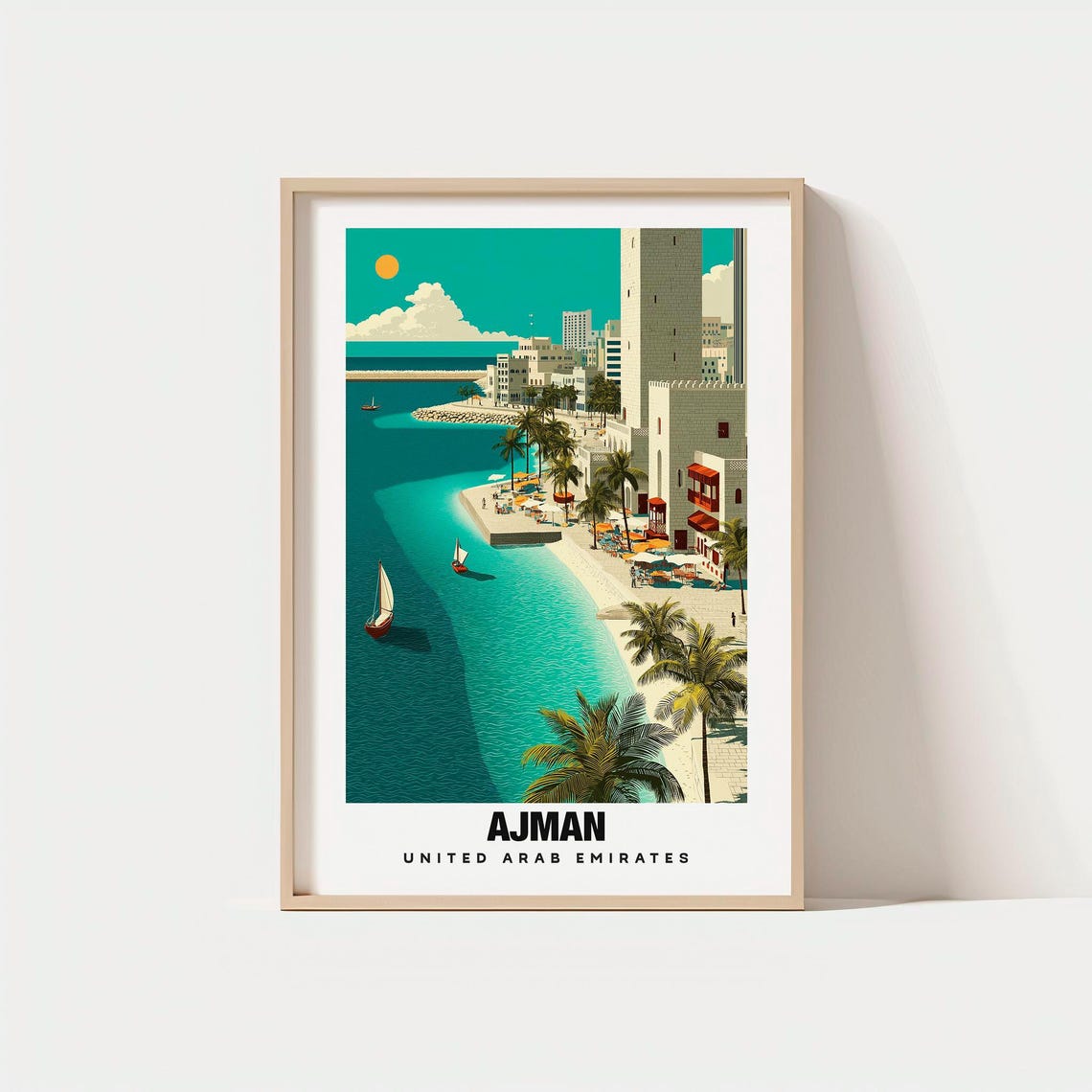 Ajman United Arab Emirates Beachfront Palms Sailboats Corniche Poster