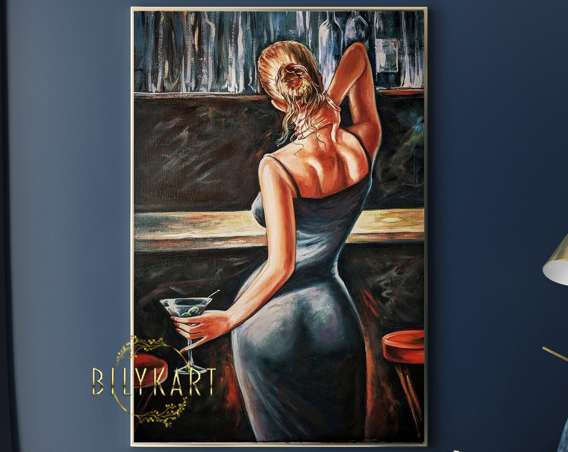 Elegant Woman Back Oil Painting Of Woman From Behind Original Art Luxury Girl In Bar Cocktail Art Bar Wall Decor Modern Alcohol Painting - Image 2
