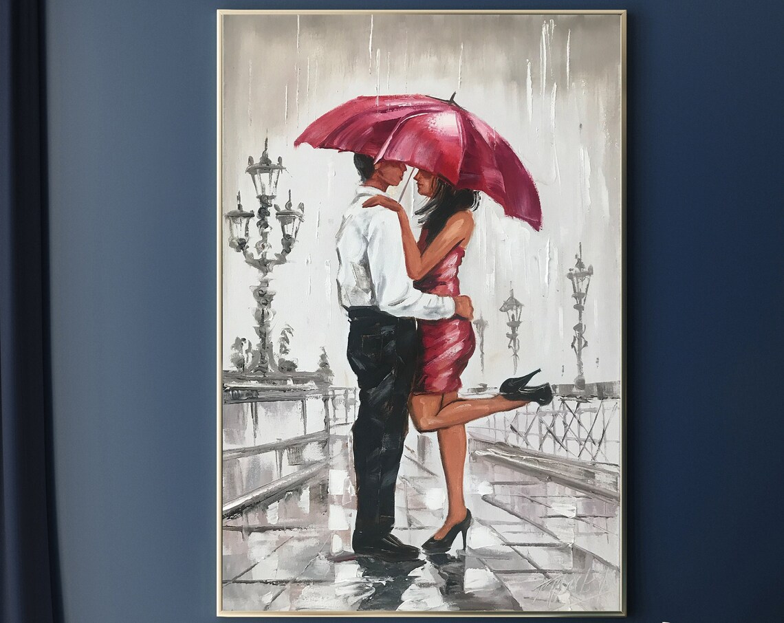 Couple Kissing Red Umbrella Rainy Street Oil Painting Romantic Poster - Image 3