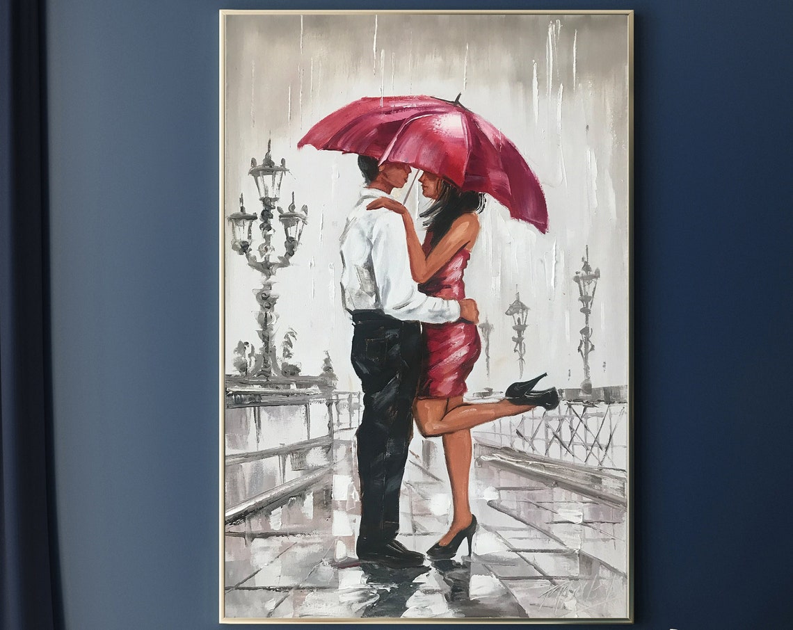 Couple Under Umbrella Oil Painting Original Romantic Wall Art Gray Pink Bedroom Decor Romantic Gifts For Her Love Couple Painting On - Image 3