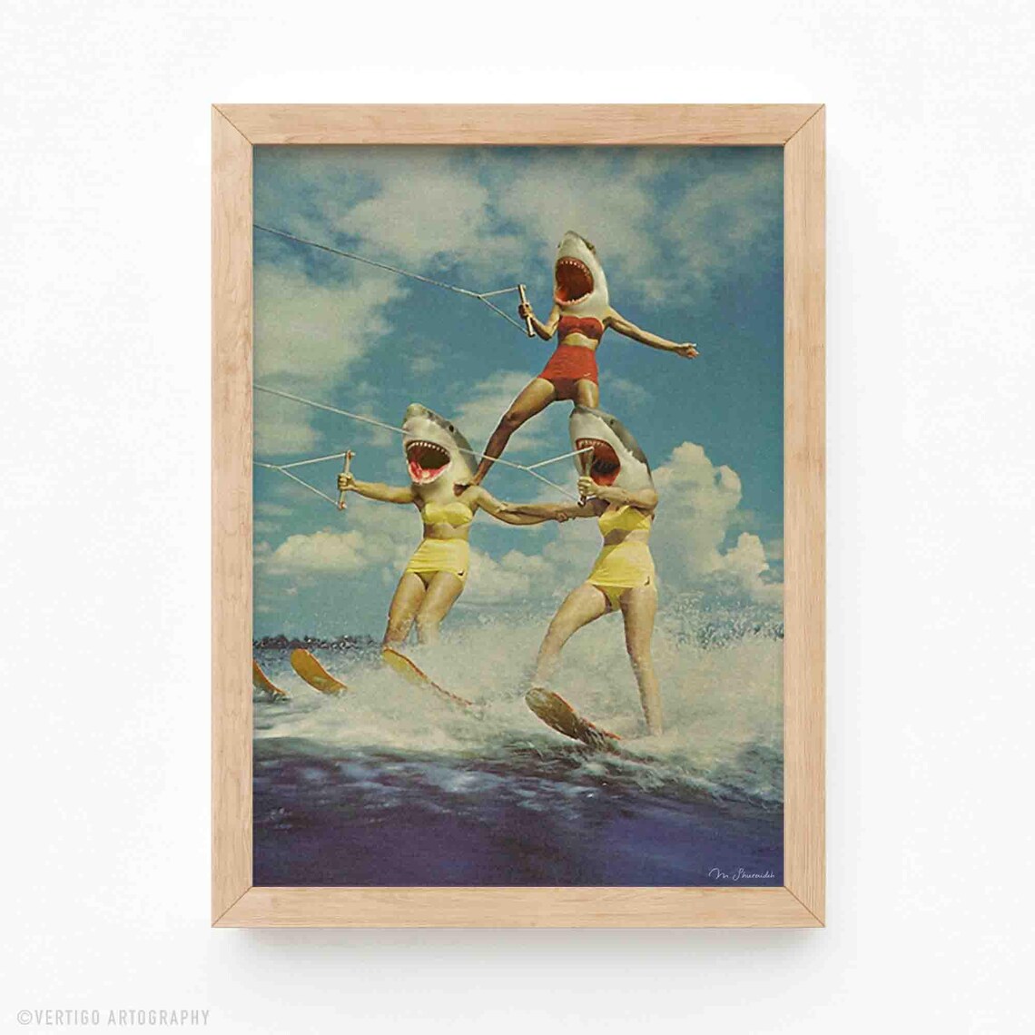 On Evil Beach Shark Retro Water Skiing Collage