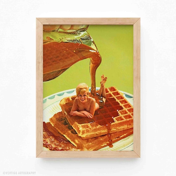 Retro Pinup Waffle Syrup Art Print, Funny Kitchen Decor