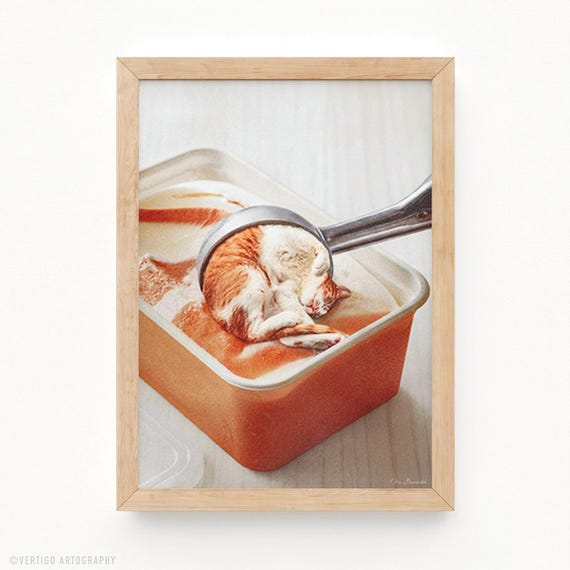Ginger Ice Cream Tabby Cat Art Print Orange Surreal Retro Kitchen Decor