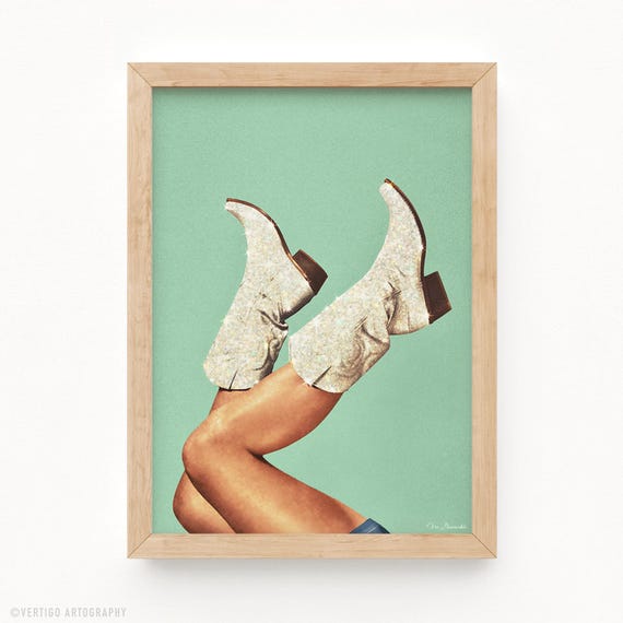 These Boots Teal Glitter Cowgirl Art Print Rodeo Wall Decor