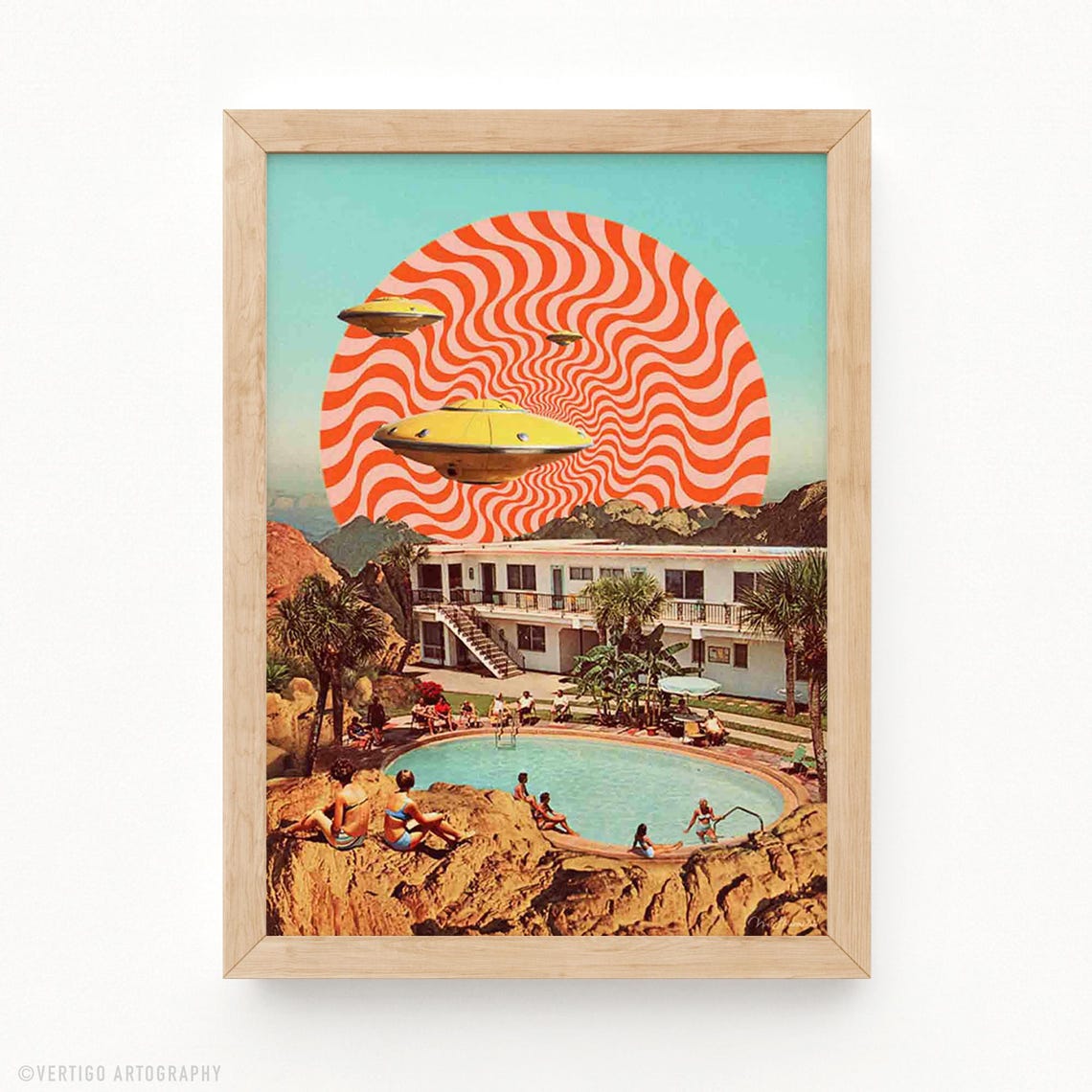 Retro Ufo Pool Party Art Print Midcentury Motel Cosmic