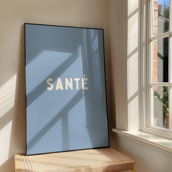 Santé Blue French Cheers Minimalist Typography Bar Wall Poster