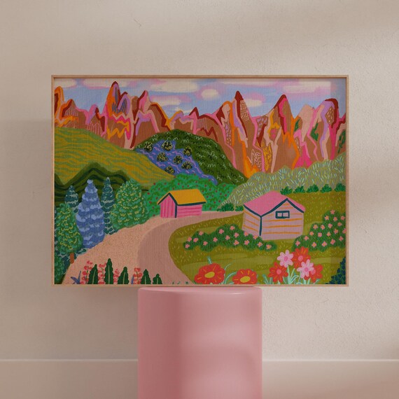 Colorful Mountain Wall Art Cute Little House Scenery Print For Dopamine Decor