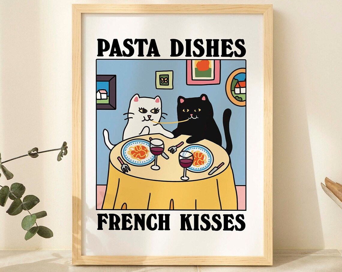 Pasta Dishes French Kisses Cat Print, Bistro Decor