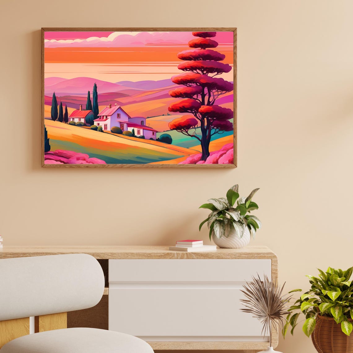 Tuscany Italy Colorful Pink Sunset Countryside Hills Art Poster