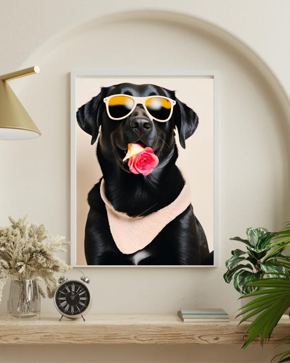 Cool Dog Wall Art Funny Black Lab With Sunglasses And Rose Humorous Pet Decor For Kitchen Or Dining