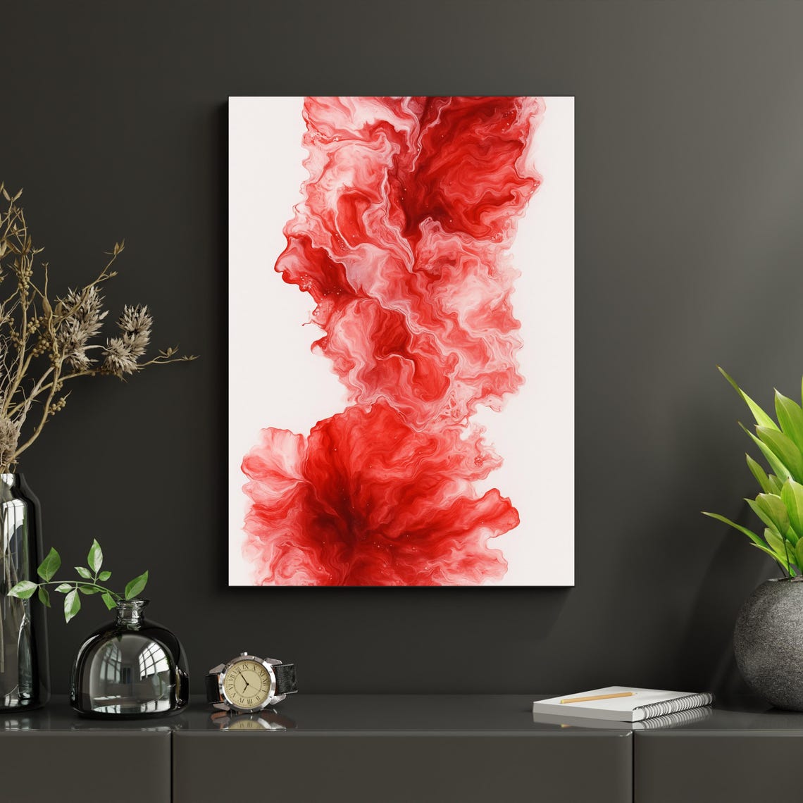 Red Fluid Acrylic Pour Abstract Wall Art Fiery Marbled Canvas Decor
