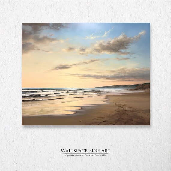 Serene Calm Golden Beach Sunset Waves Rocky Cliffs Seascape Poster