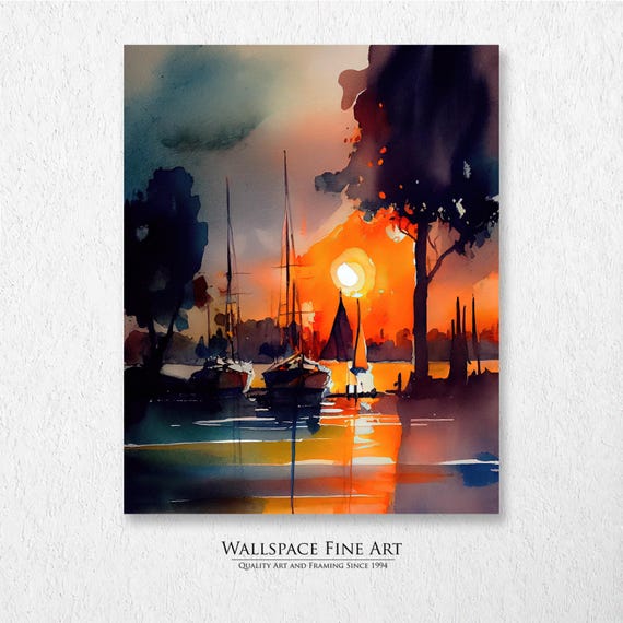 Sailboats On The Lake Sunset Watercolor Landscape Painting Wall Art Dcor Print Wallspace Fine 20137