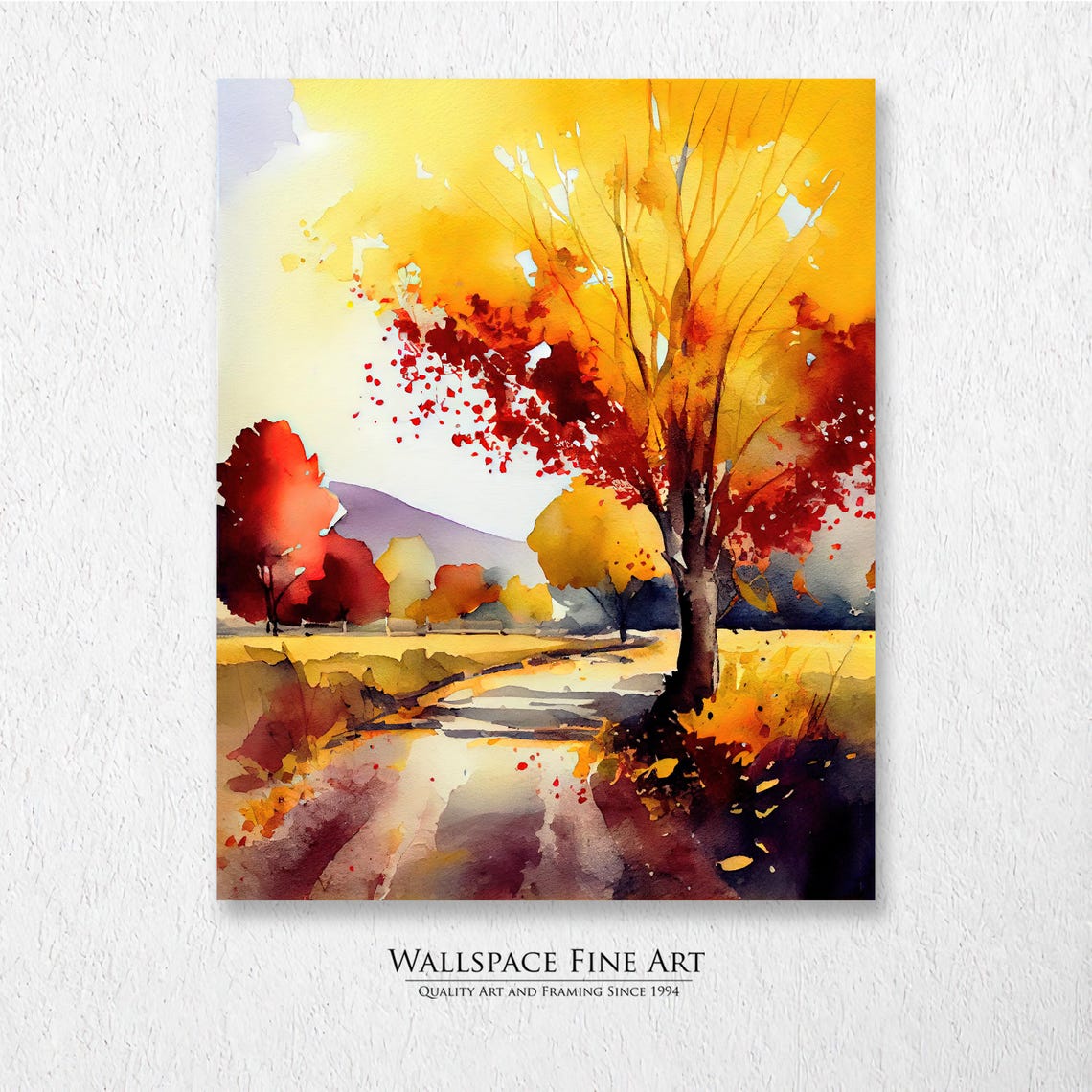 Autumn Country Road Fiery Trees Watercolor Landscape Wall Art
