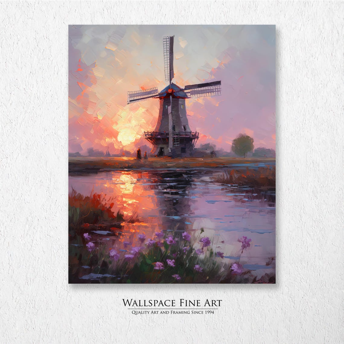 Dutch Windmill Sunset Painting Canal Reflection Pastel Sky Art Poster