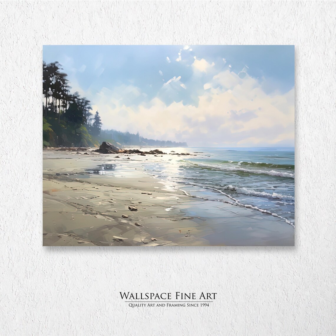 Ocean Waves Beach Seascape with Pine Trees Sunlit Shoreline Painting Poster