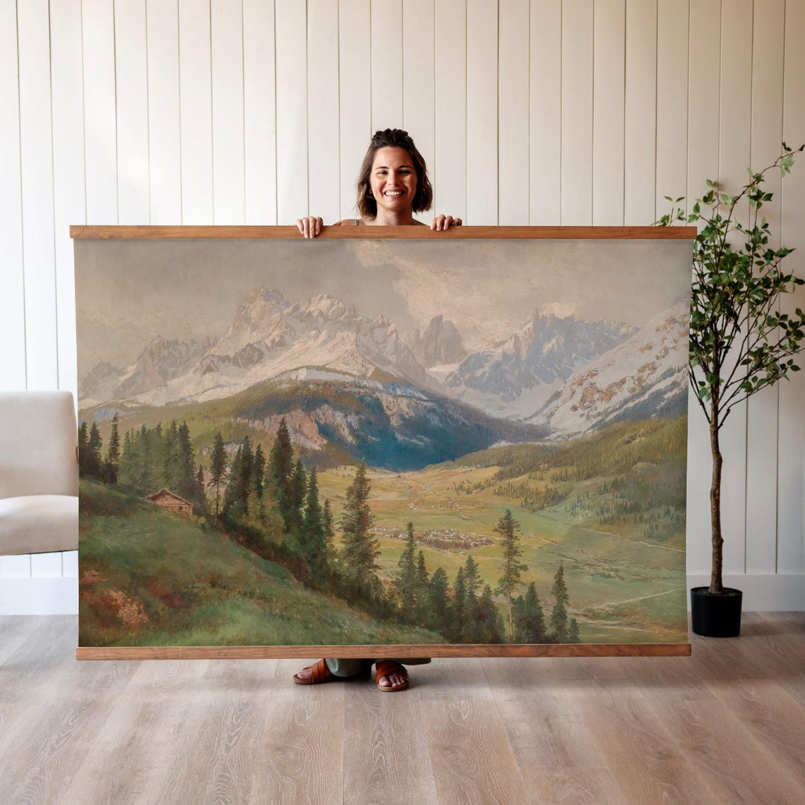 Alpine Valley with Snow Capped Peaks and Mountain Chalet Poster - Image 3