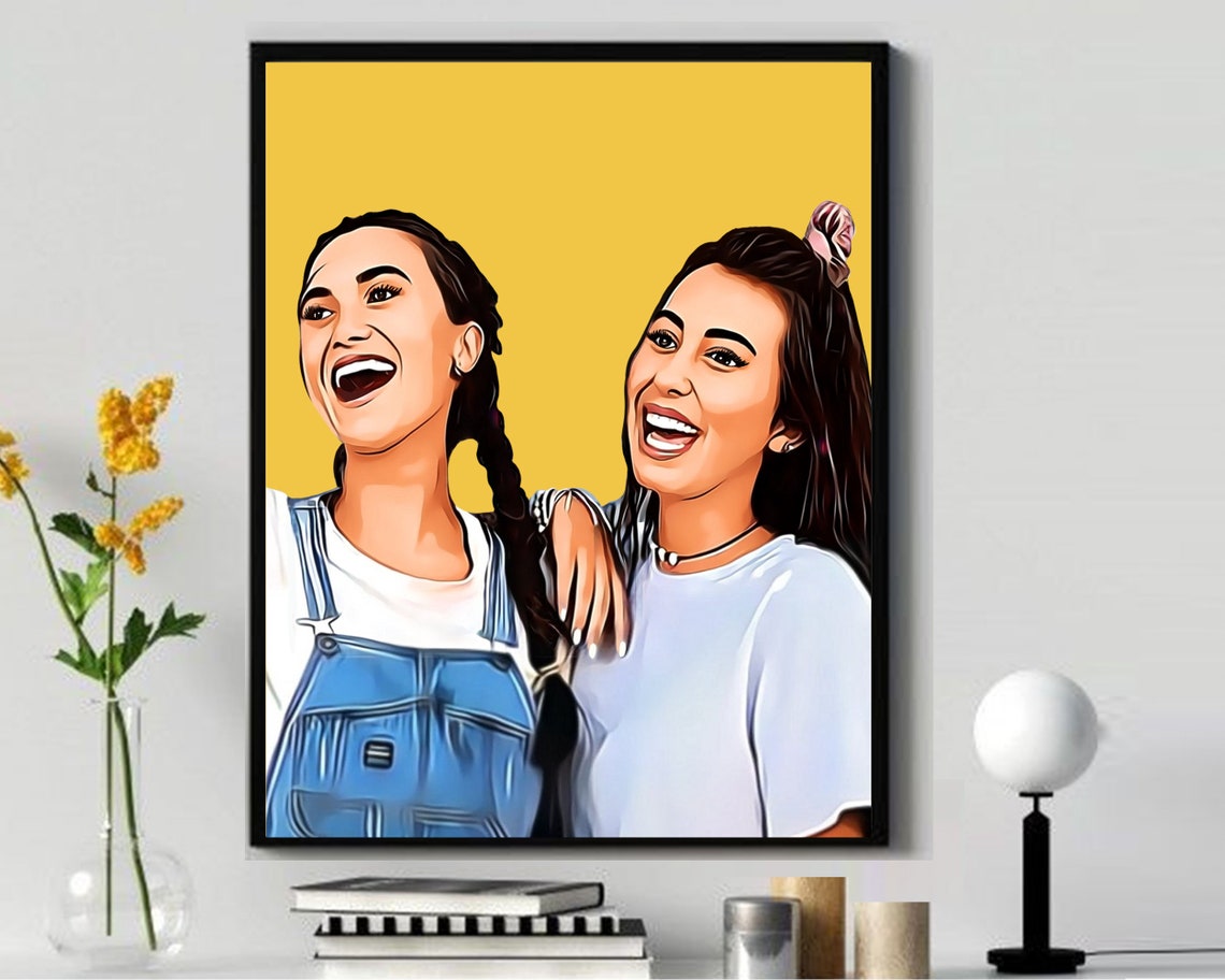 Two Smiling Sisters Cartoon Pop Art Friendship Portrait Poster - Image 4