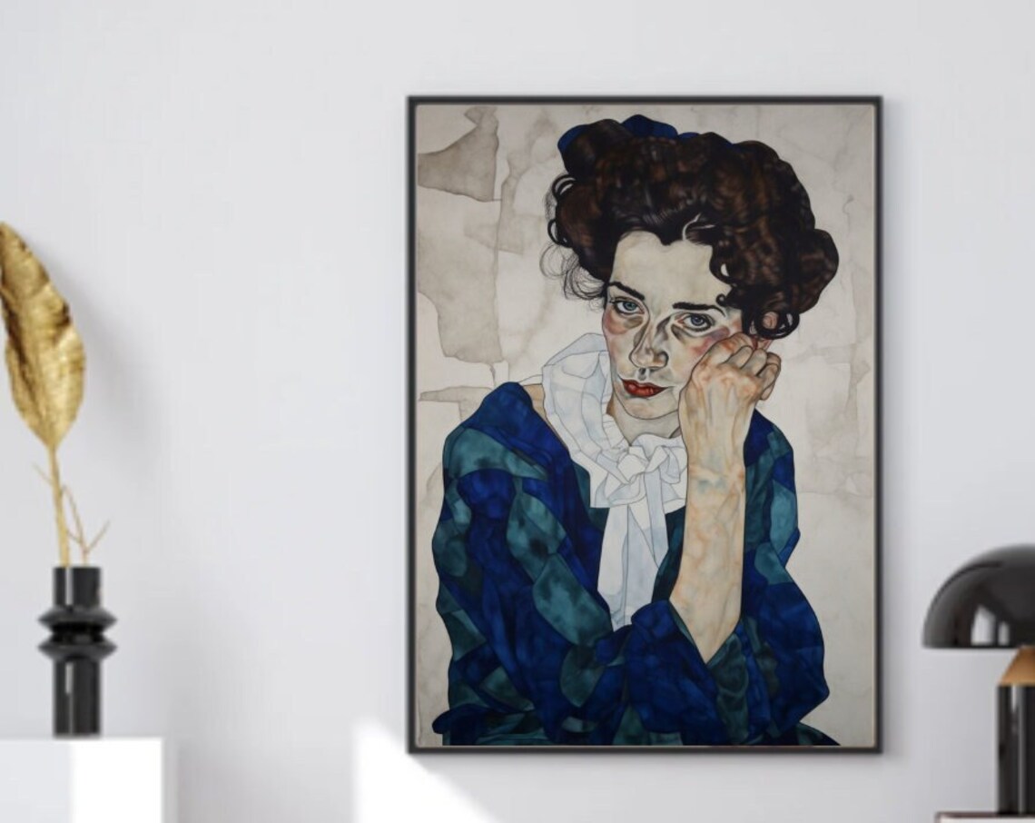 Egon Schiele Inspired Portrait Woman In Blue Dress Expressionist Poster