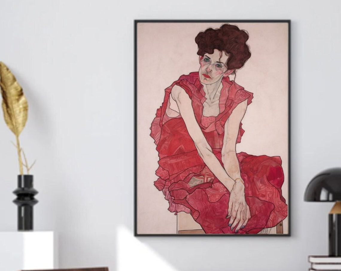 Egon Schiele Inspired Seated Woman Red Dress Expressionist Art Poster
