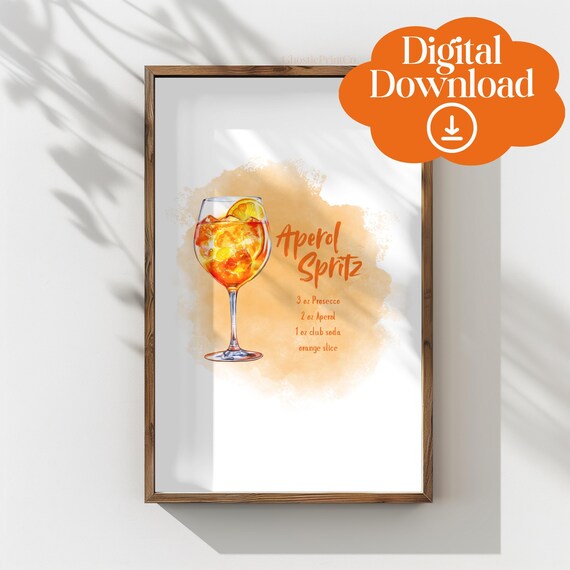 Aperol Spritz Cocktail Recipe Watercolor Bar Kitchen Wall Decor Art Poster