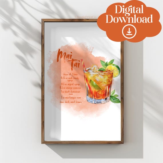 Mai Tai Recipe Wall Art Print Summer Cocktail Illustration Trendy Poster Kitchen Decor Bar Cart